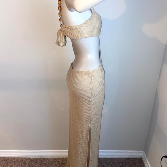 O-Ring Strap Ruched Front Cut Out Waist Tie Back Split Thigh Dress - Picture 5 of 8